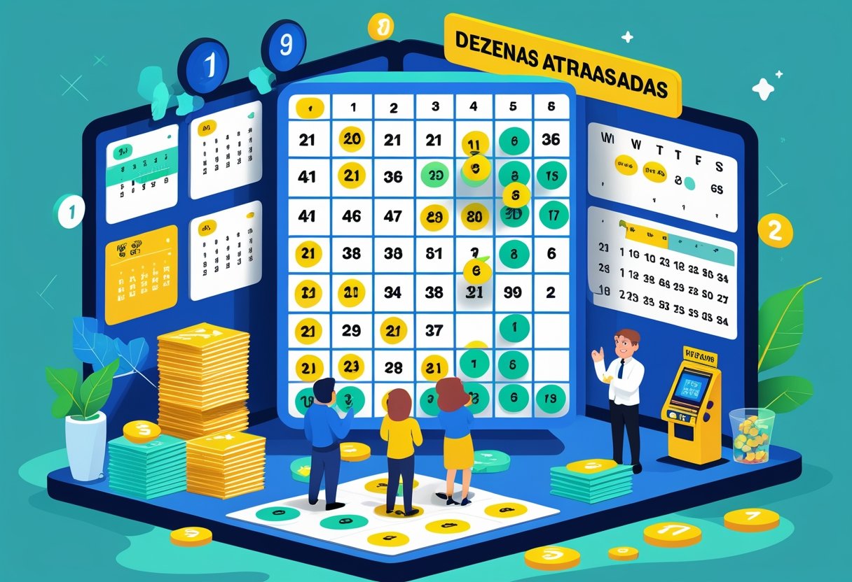 Ilustração mostrando um escritório de loteria com um quadro digital exibindo números atrasados da Mega Sena, pessoas observando os números e calendários marcados indicando o tempo passado.