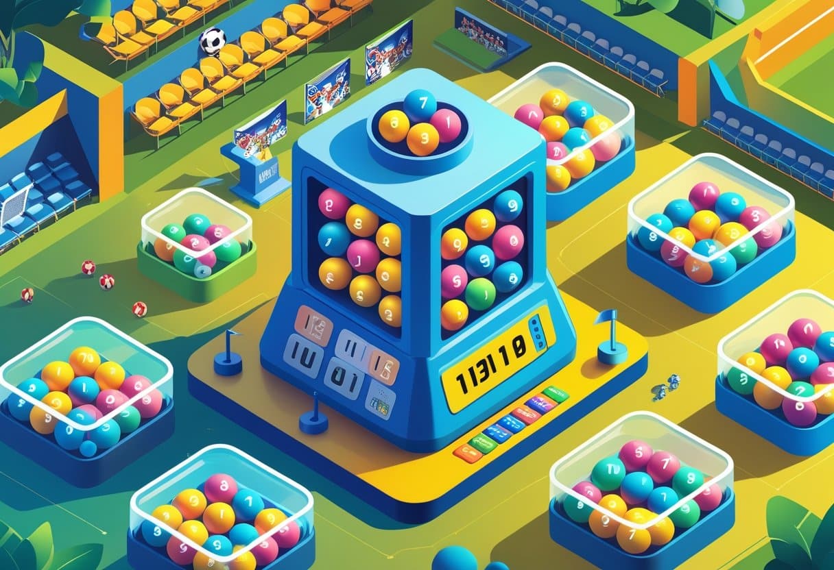 Ilustração mostrando uma máquina de loteria com bolas numeradas em recipientes, destacando visualmente alguns números mais frequentes, com elementos relacionados a futebol ao fundo.