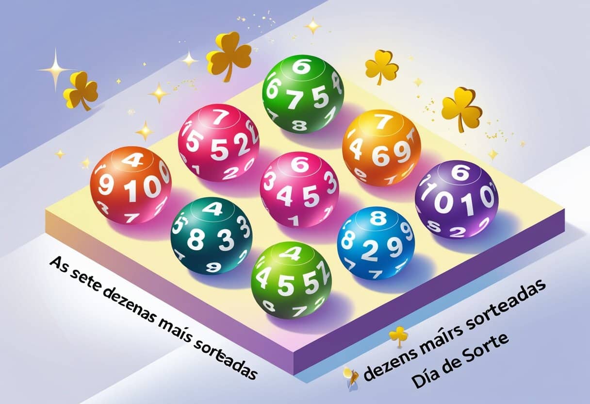 Ilustração mostrando sete bolas de loteria coloridas numeradas, dispostas em uma grade, com elementos que representam sorte ao redor.
