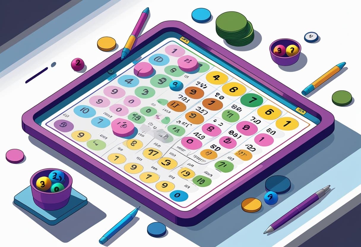 Ilustração de uma mesa com um bilhete de loteria quiniela combinado, mostrando números marcados e ferramentas como caneta e fichas ao redor.