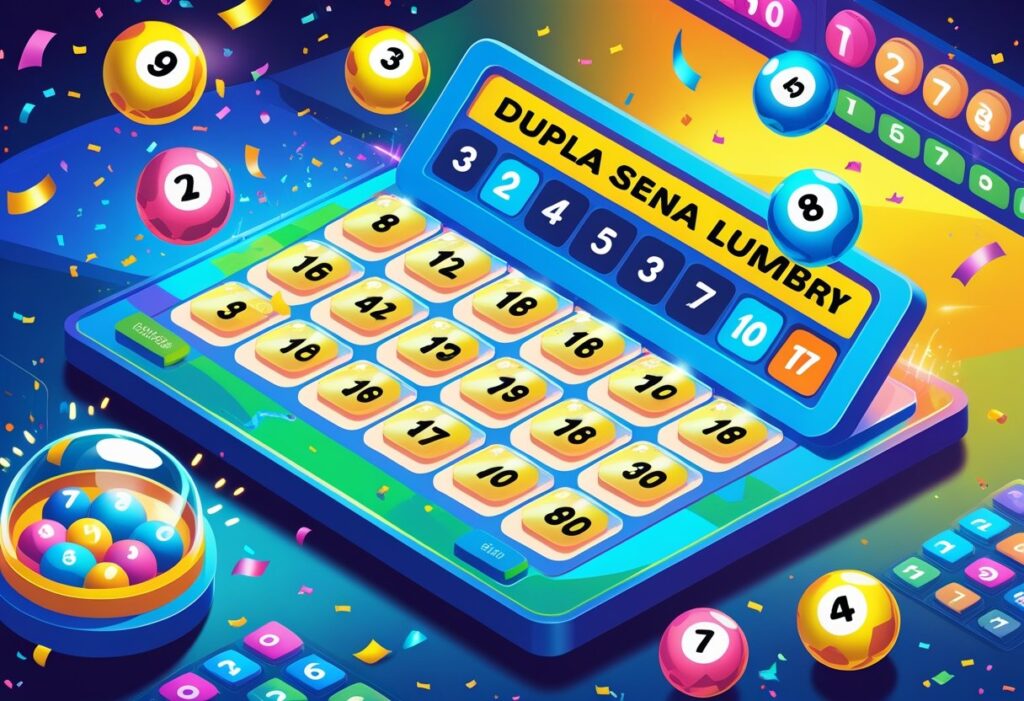 Ilustração mostrando uma cena de loteria com uma cartela de números destacando os números que mais saem na Dupla Sena, bolas numeradas flutuando ao redor e elementos festivos ao fundo.