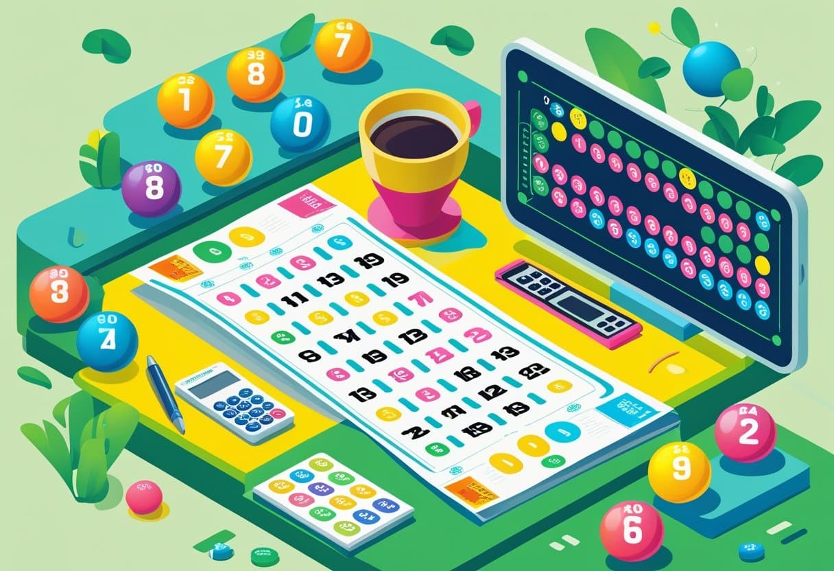 Ilustração de um bilhete de loteria com várias combinações de números, bolas de loteria numeradas ao redor, uma mesa com caneta, café e calculadora, e uma tela digital mostrando números destacados.