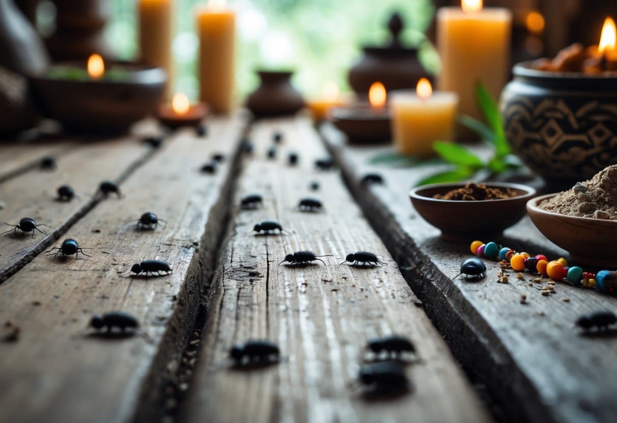 Close-up de um chão de madeira com pulgas visíveis e objetos de macumba como velas, contas coloridas e tigelas com ervas.