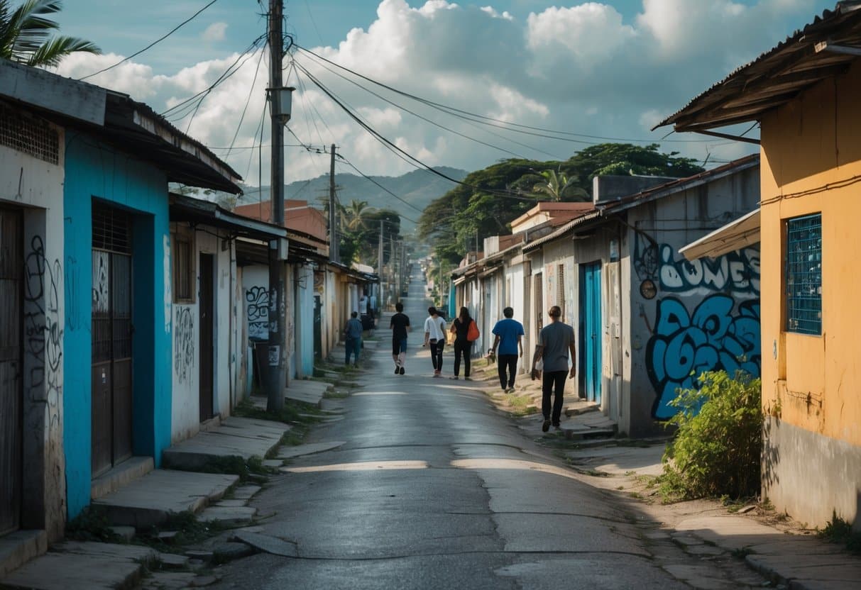 Rua estreita em um bairro modesto de Cabo Frio com casas simples, algumas paredes desgastadas, poucas pessoas caminhando e grafites nas paredes.