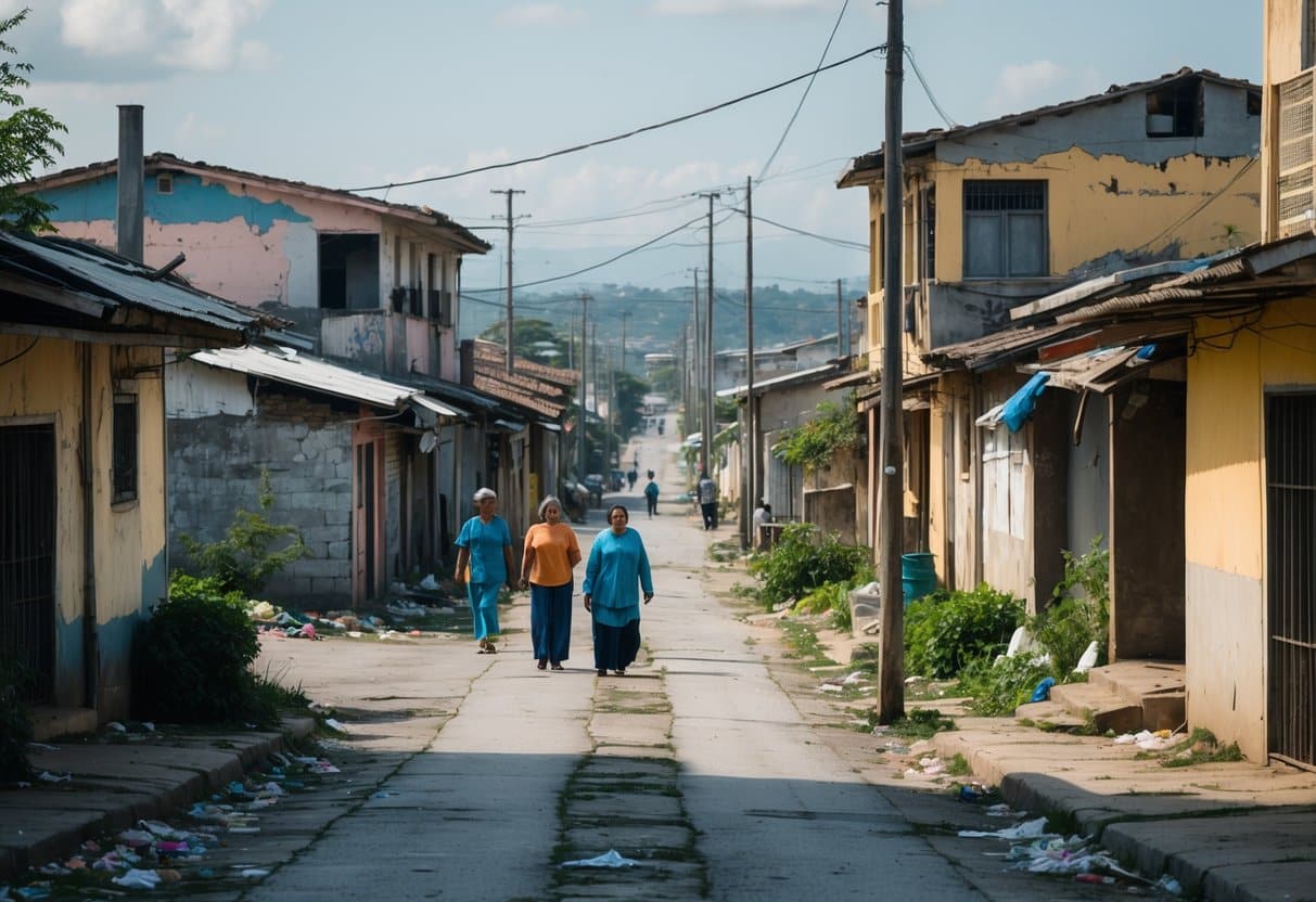 Rua estreita em um bairro pobre de João Pessoa com casas deterioradas, lixo espalhado e algumas pessoas caminhando.