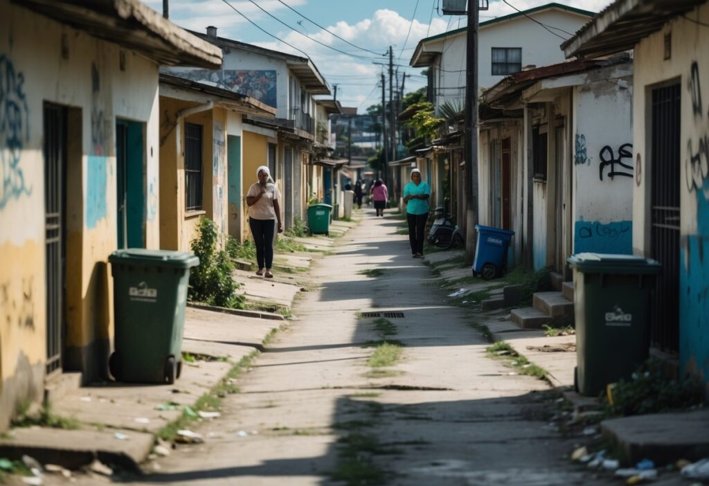 Área residencial modesta em Piracicaba com casas simples, ruas estreitas e alguns moradores ao fundo.
