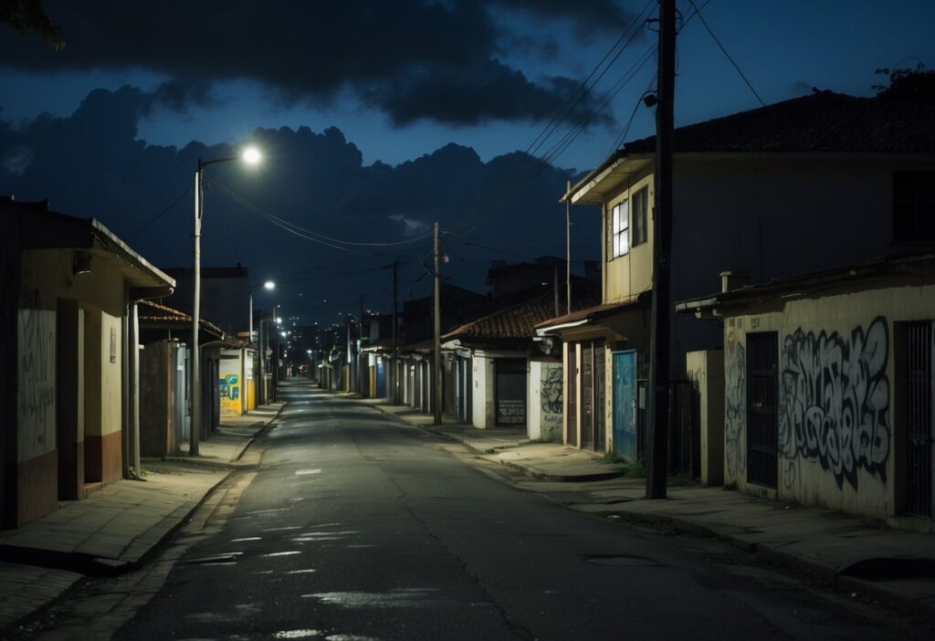 Rua escura e vazia em um bairro residencial de Campinas com poucas luzes e prédios modestos.