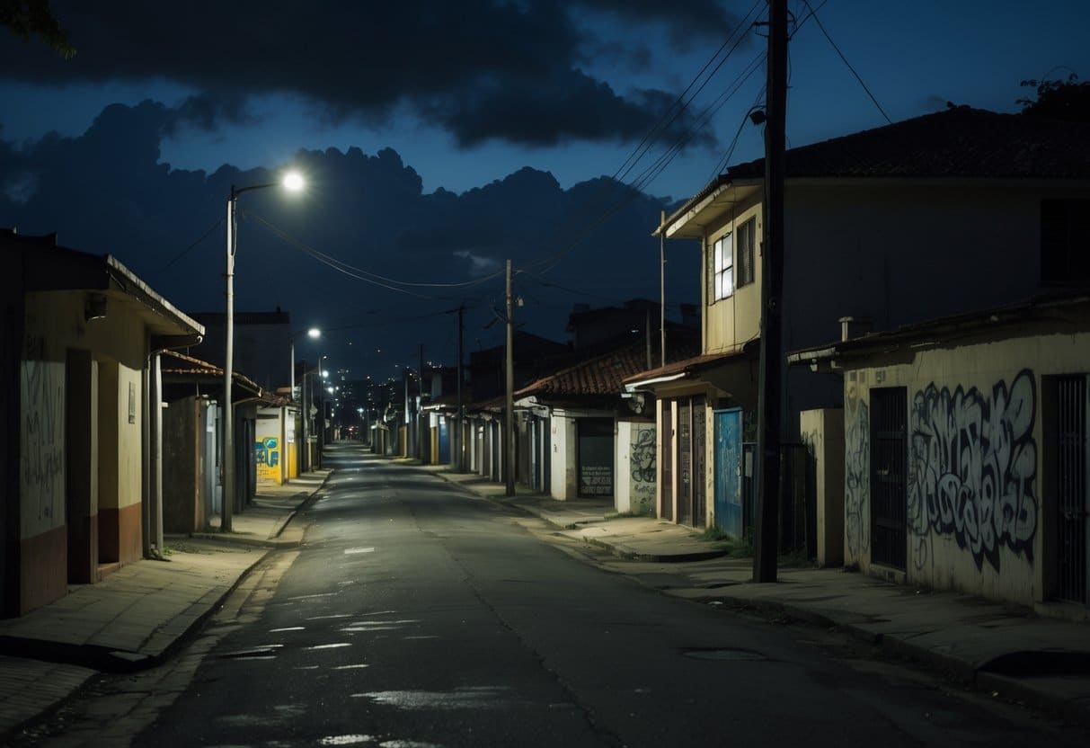 Rua escura e vazia em um bairro residencial de Campinas com poucas luzes e prédios modestos.