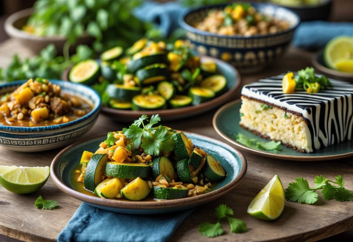 Mesa com pratos de comida tradicional brasileira incluindo ensopado, abobrinha refogada e bolo com listras pretas e brancas.