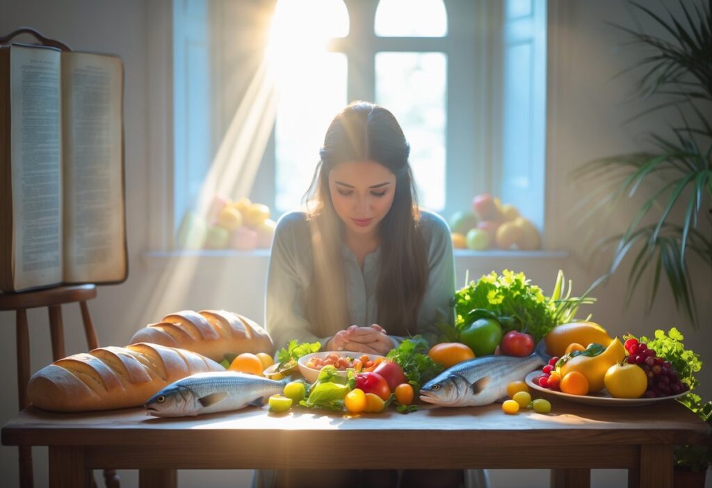 Pessoa sentada à mesa com alimentos variados e uma Bíblia aberta ao fundo, transmitindo uma sensação de abundância e espiritualidade.