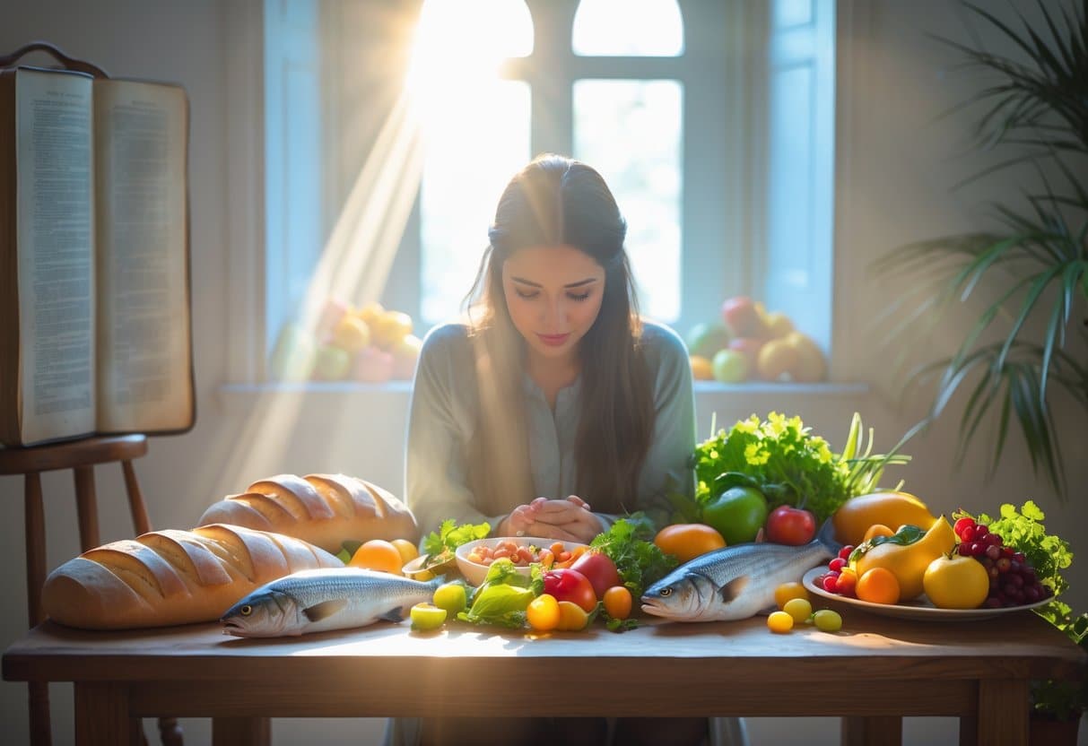 Pessoa sentada à mesa com alimentos variados e uma Bíblia aberta ao fundo, transmitindo uma sensação de abundância e espiritualidade.
