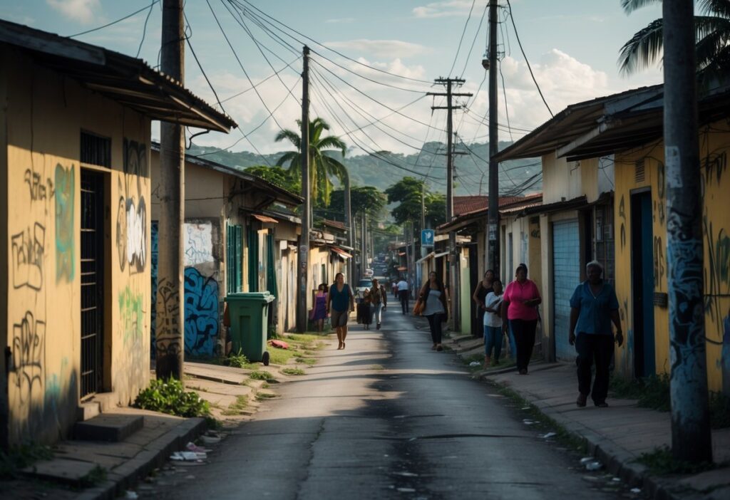 Rua estreita em um bairro de Salvador com casas simples, grafites nas paredes e algumas pessoas caminhando com atenção.