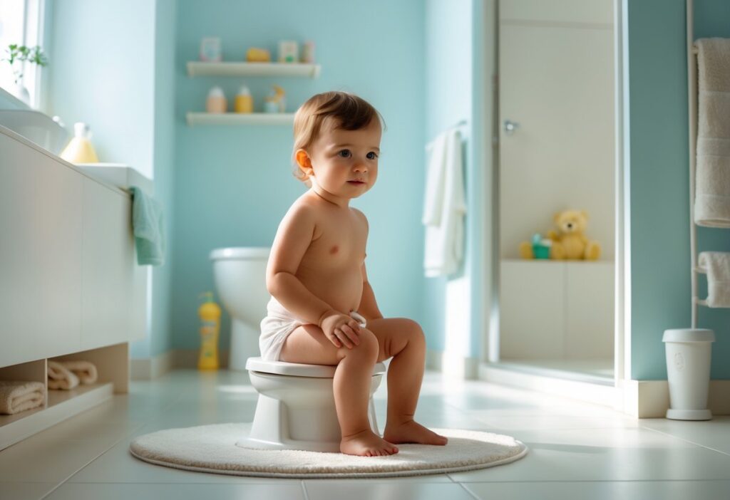 Criança pequena sentada em um penico em um banheiro limpo e bem iluminado.