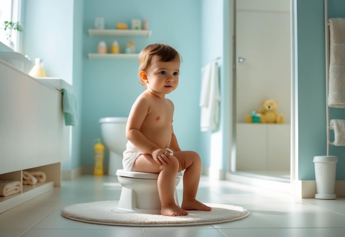 Criança pequena sentada em um penico em um banheiro limpo e bem iluminado.
