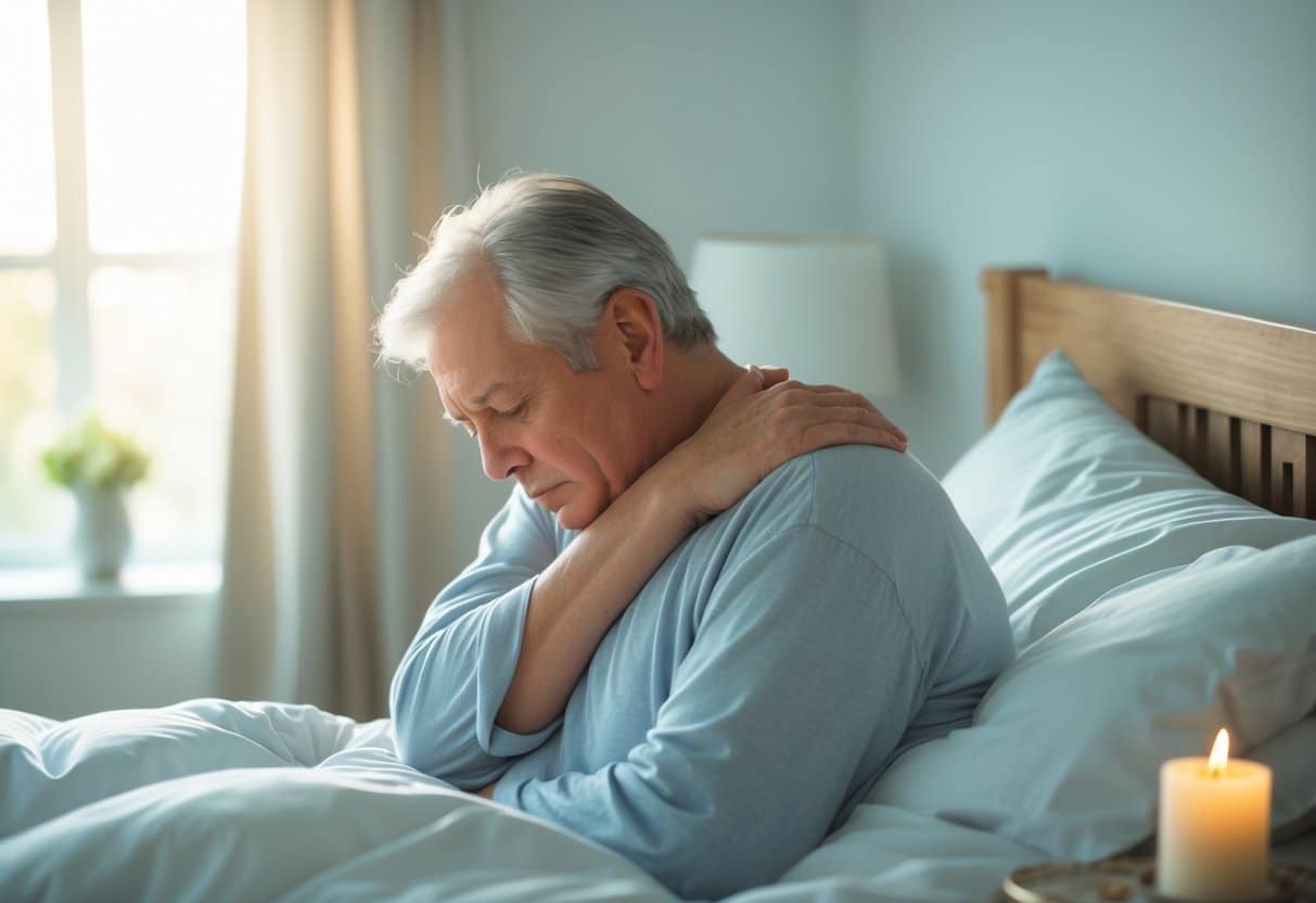Pessoa acordando na cama com expressão de desconforto, segurando o ombro e as costas, em um quarto iluminado pela luz do sol da manhã, com um objeto espiritual discreto ao lado.
