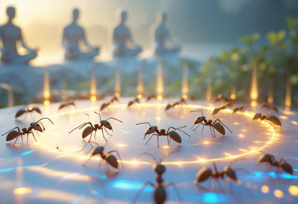 Vista próxima de formigas trabalhando juntas sobre uma superfície brilhante com luzes suaves e figuras humanas ao fundo em um ambiente natural e tranquilo.