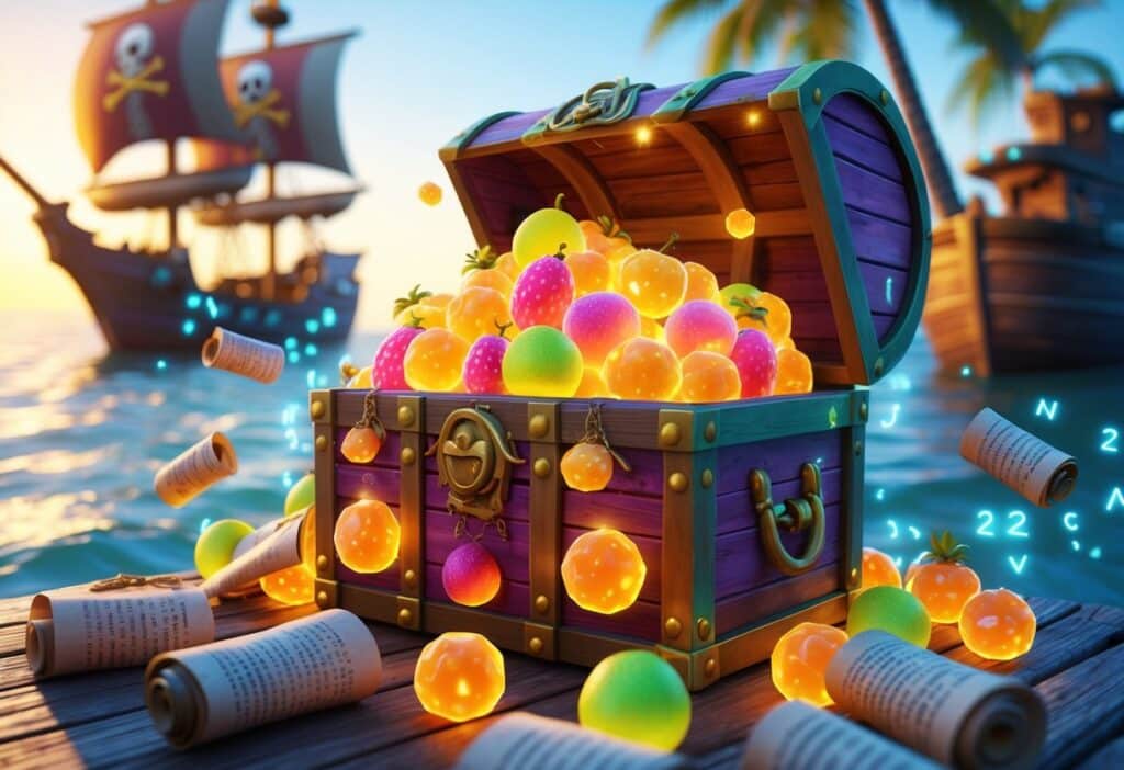 Um baú do tesouro aberto em um cais de madeira próximo ao mar ao pôr do sol, com frutas brilhantes e pergaminhos antigos ao redor, e um navio pirata ancorado ao fundo.