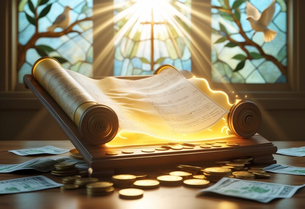 Cena serena com um pergaminho antigo aberto sobre uma mesa de madeira, cercado por moedas e cédulas, iluminado por uma luz suave que entra por janelas de vitral com ramos de oliveira e pombas.