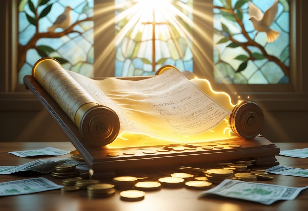 Cena serena com um pergaminho antigo aberto sobre uma mesa de madeira, cercado por moedas e cédulas, iluminado por uma luz suave que entra por janelas de vitral com ramos de oliveira e pombas.