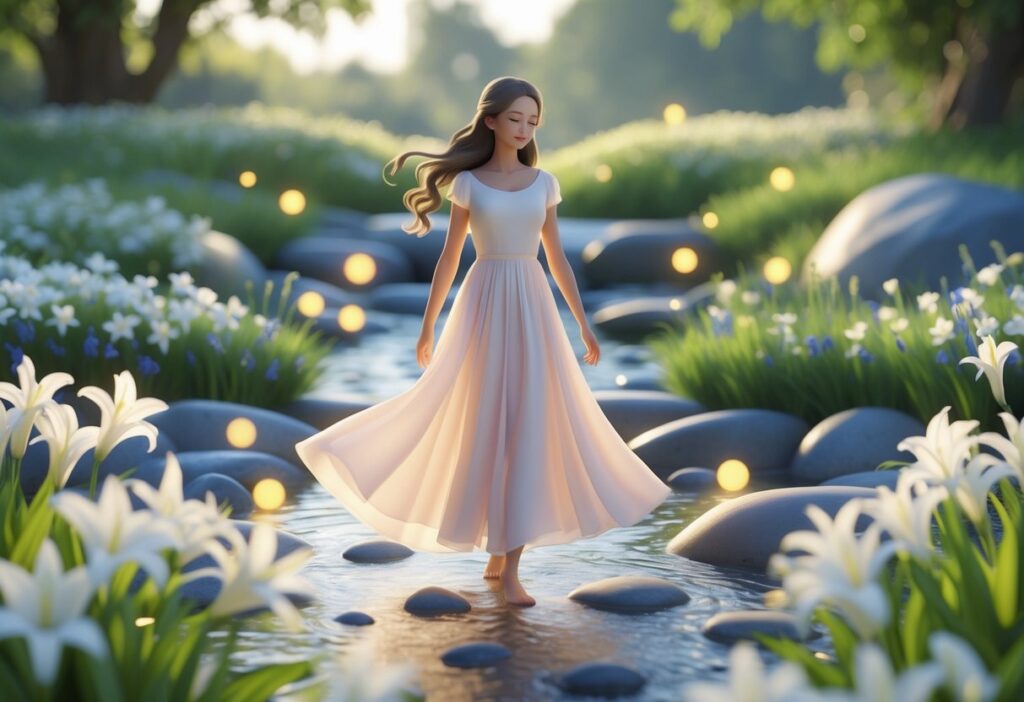 Jovem mulher em um jardim florido com lírios brancos e campainhas azuis, rodeada por orbes de luz, com um riacho ao fundo e luz suave iluminando a cena.