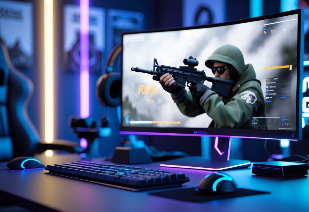 Configuração de computador para jogos com monitor exibindo um jogo de tiro em primeira pessoa e elementos visuais sutis de desempenho no canto da tela.
