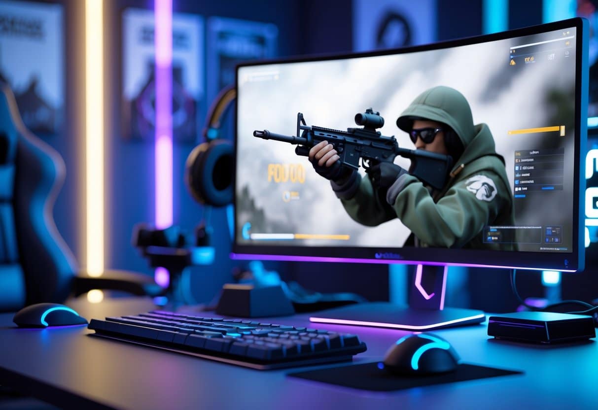 Configuração de computador para jogos com monitor exibindo um jogo de tiro em primeira pessoa e elementos visuais sutis de desempenho no canto da tela.