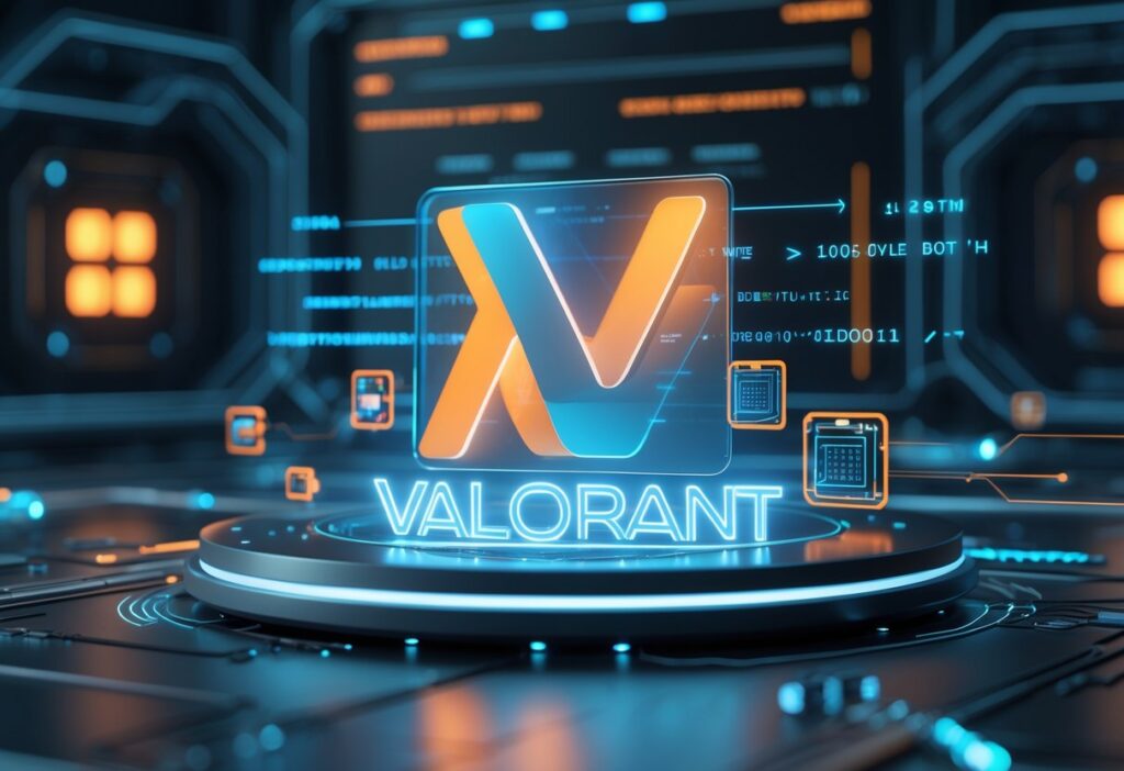 Interface digital futurista mostrando uma sequência de inicialização segura com elementos holográficos e o logo do Valorant integrado, em um ambiente tecnológico escuro.