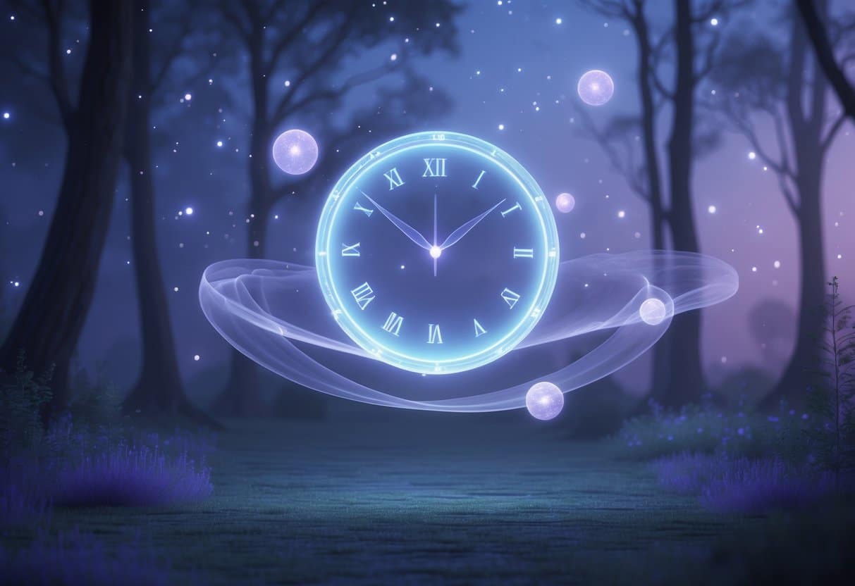 Cena noturna em uma clareira de floresta iluminada pela lua, com um relógio flutuante marcando 3 horas da manhã cercado por luzes etéreas e orbes brilhantes.