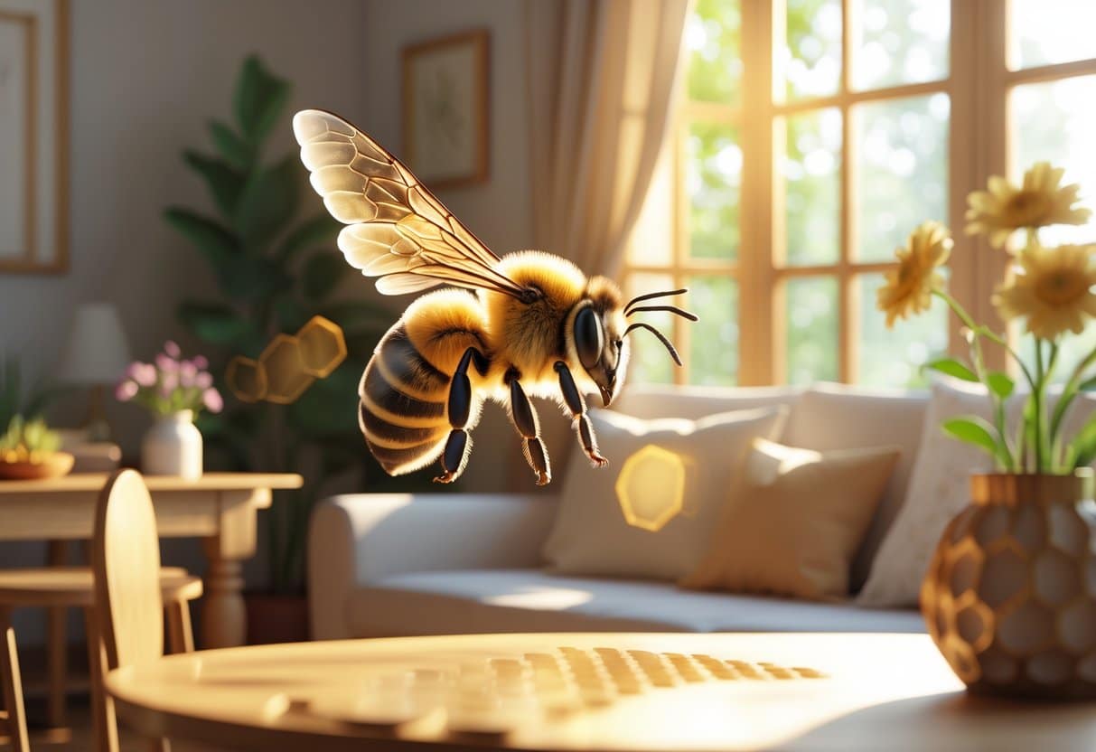 Interior de uma casa aconchegante com uma abelha voando perto da janela, mostrando harmonia entre natureza e ambiente doméstico.