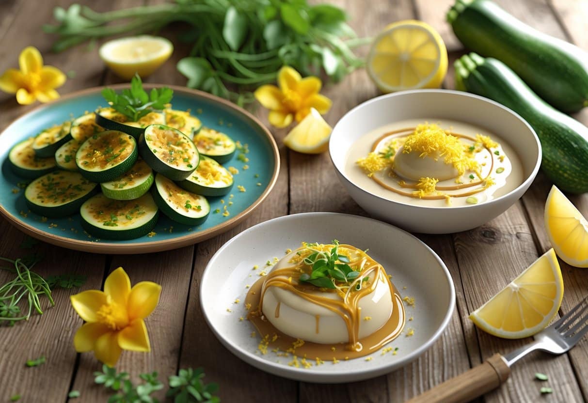 Prato com comida brasileira contendo abobrinha refogada, sobremesa cremosa e fatias de limão, dispostos sobre uma mesa de madeira com ingredientes frescos ao redor.