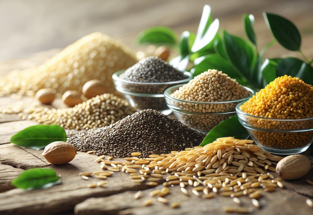 Vários tipos de grãos saudáveis em tigelas de vidro sobre uma superfície de madeira, com folhas verdes ao redor.