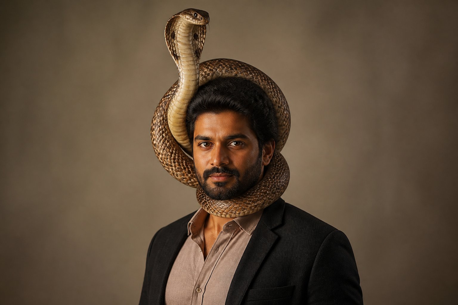 Homem com uma cobra enrolada na cabeça, olhando para frente com expressão calma.