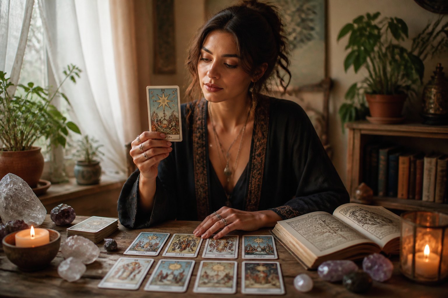 Pessoa sentada à mesa com cartas de tarô, vela acesa e cristais, em um ambiente tranquilo e iluminado pela luz natural.
