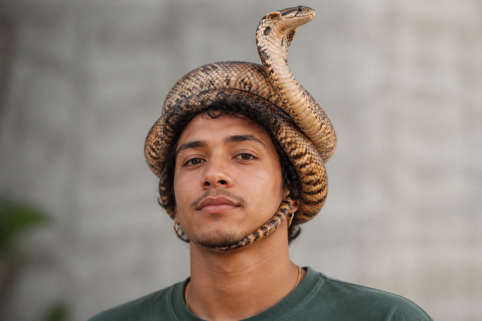 Pessoa com uma cobra enrolada suavemente na cabeça, simbolizando o conceito de cobra no jogo do bicho.