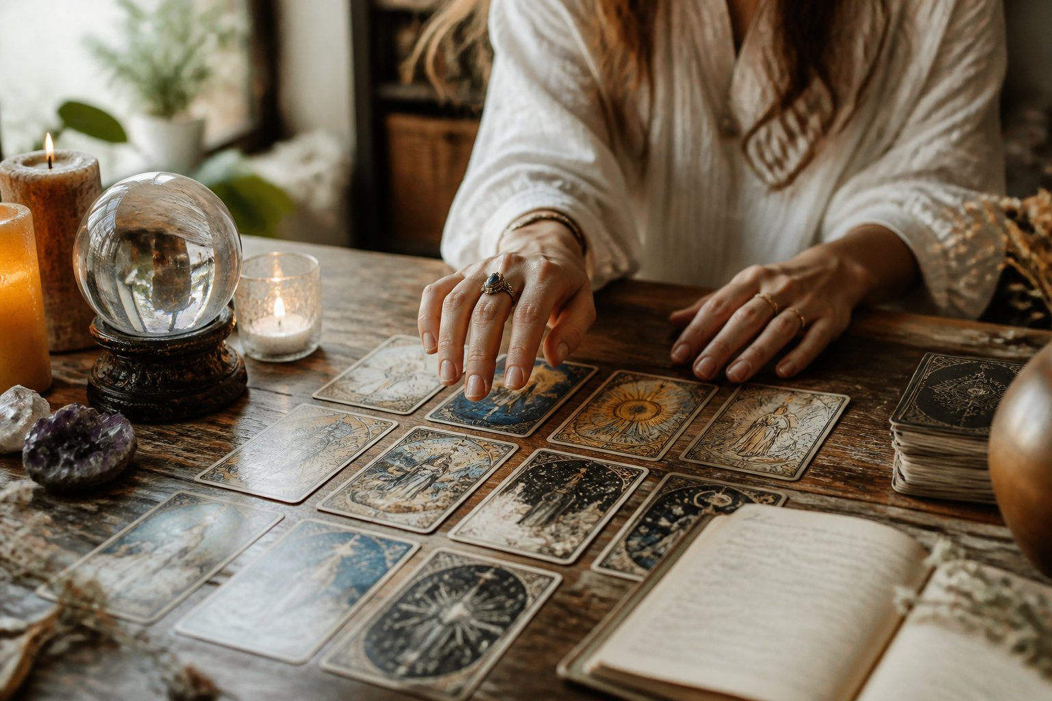 Mesa com cartas de tarô espalhadas, mãos sobre as cartas, velas acesas e um ambiente tranquilo para reflexão.