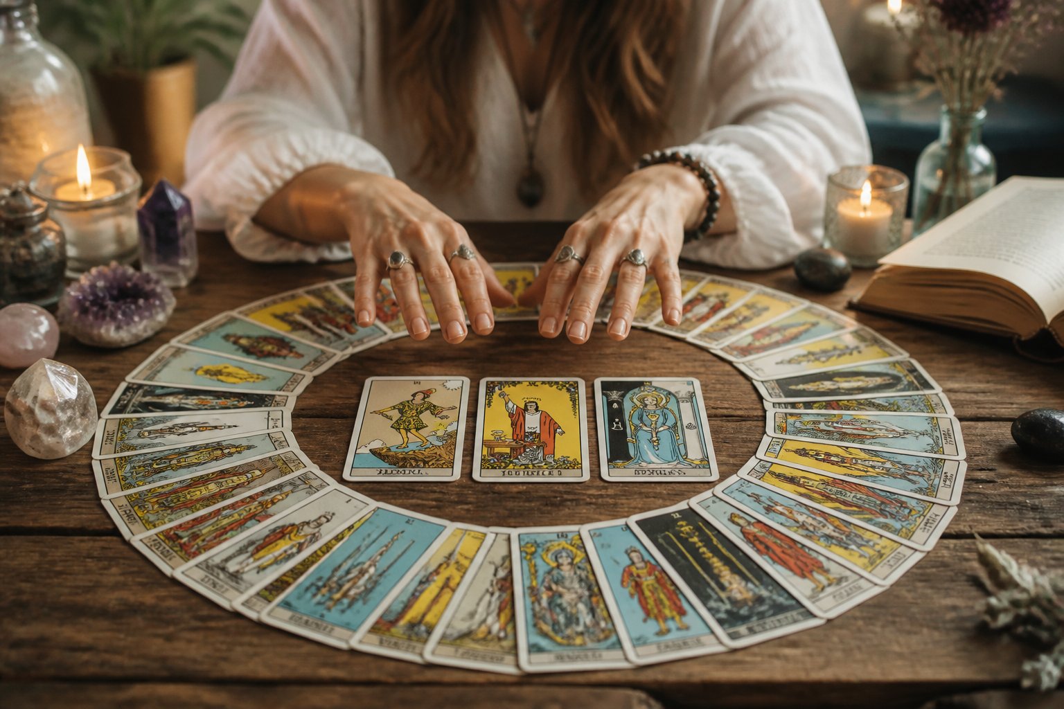 Mãos sobre uma mesa com cartas de tarô dos 22 Arcanos Maiores espalhadas, em um ambiente com velas e cristais ao fundo.