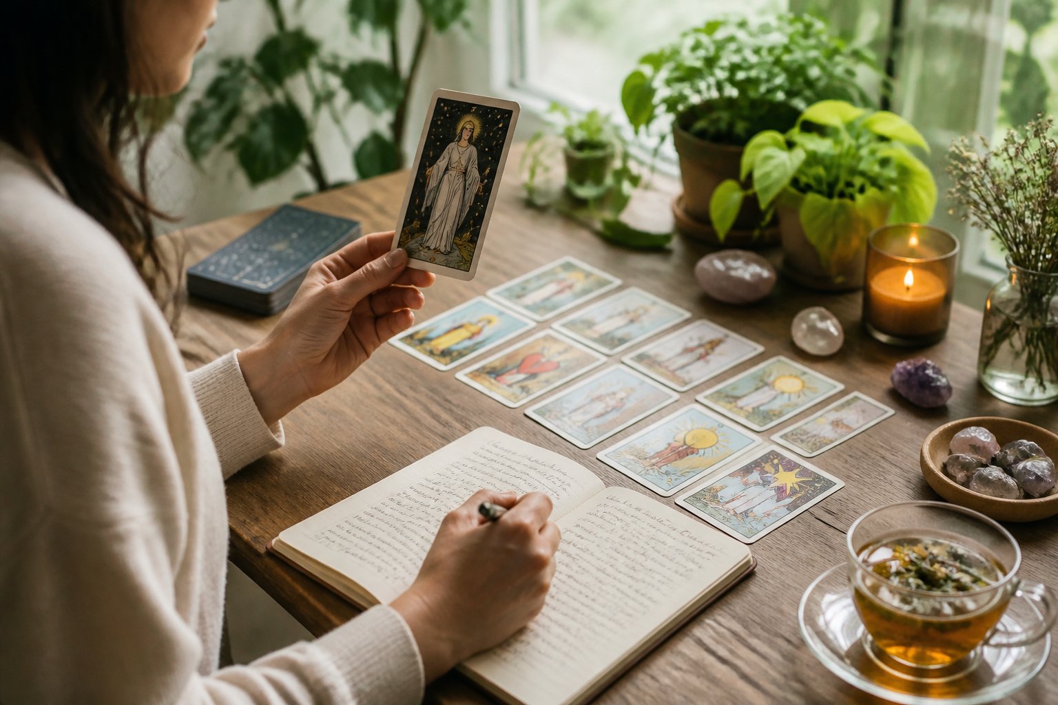 Pessoa em uma mesa organizada com cartas de tarô, caderno aberto e xícara de chá, em um ambiente iluminado e tranquilo.