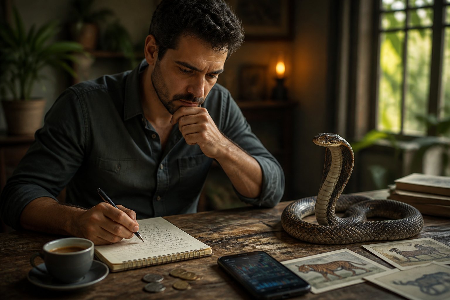 Homem pensativo sentado à mesa com um caderno, cercado por elementos que remetem a uma cobra e apostas, em um ambiente iluminado e tranquilo.