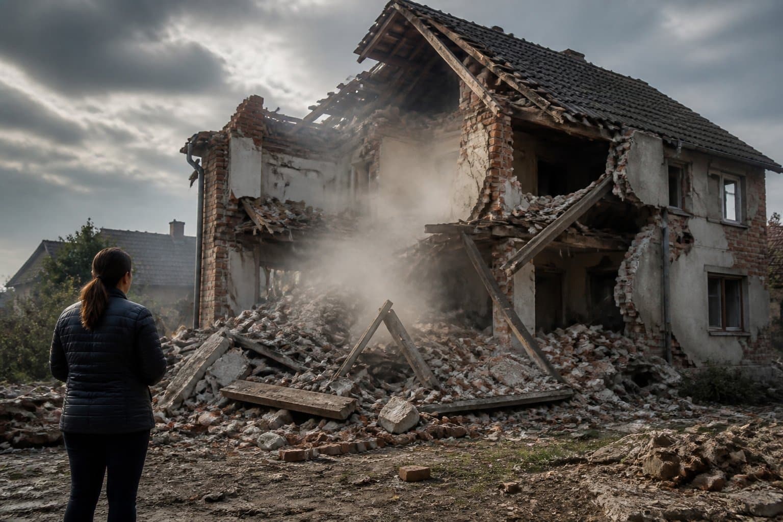 Casa parcialmente desabada com destroços no chão e uma pessoa olhando para ela à distância.