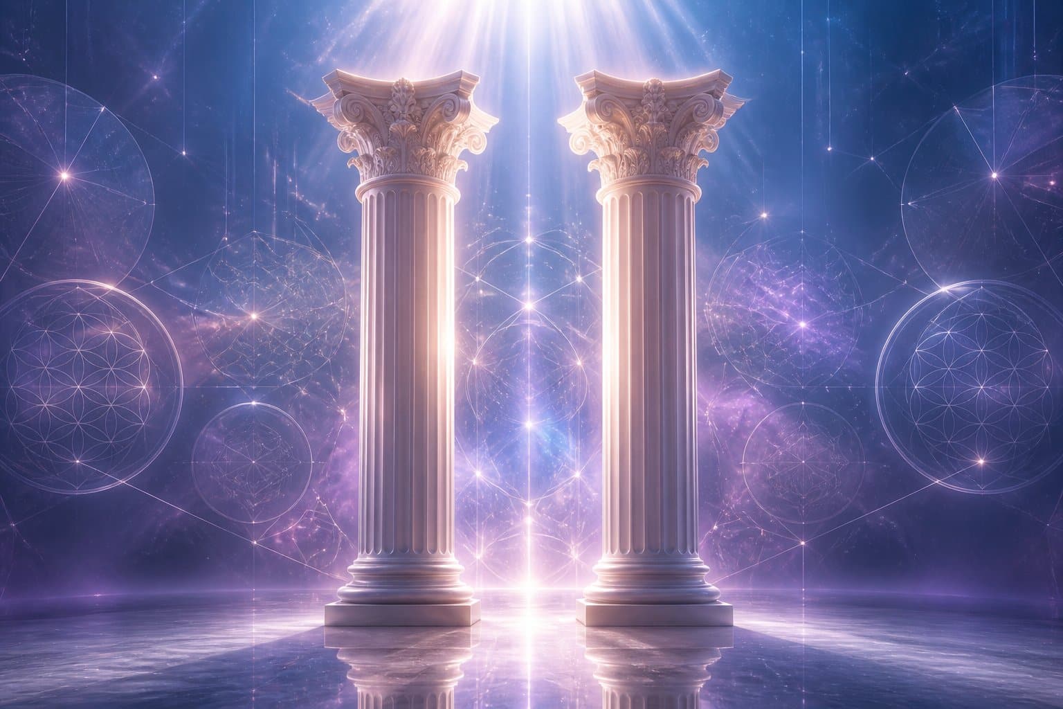 Dois pilares altos lado a lado sobre uma superfície refletiva com luz suave e fundo em tons de azul e roxo.