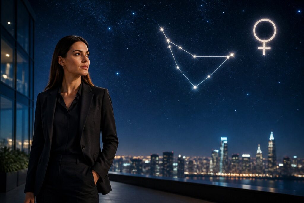 Mulher elegante em ambiente moderno com céu estrelado ao fundo mostrando a constelação de Capricórnio e o símbolo de Vênus brilhando.
