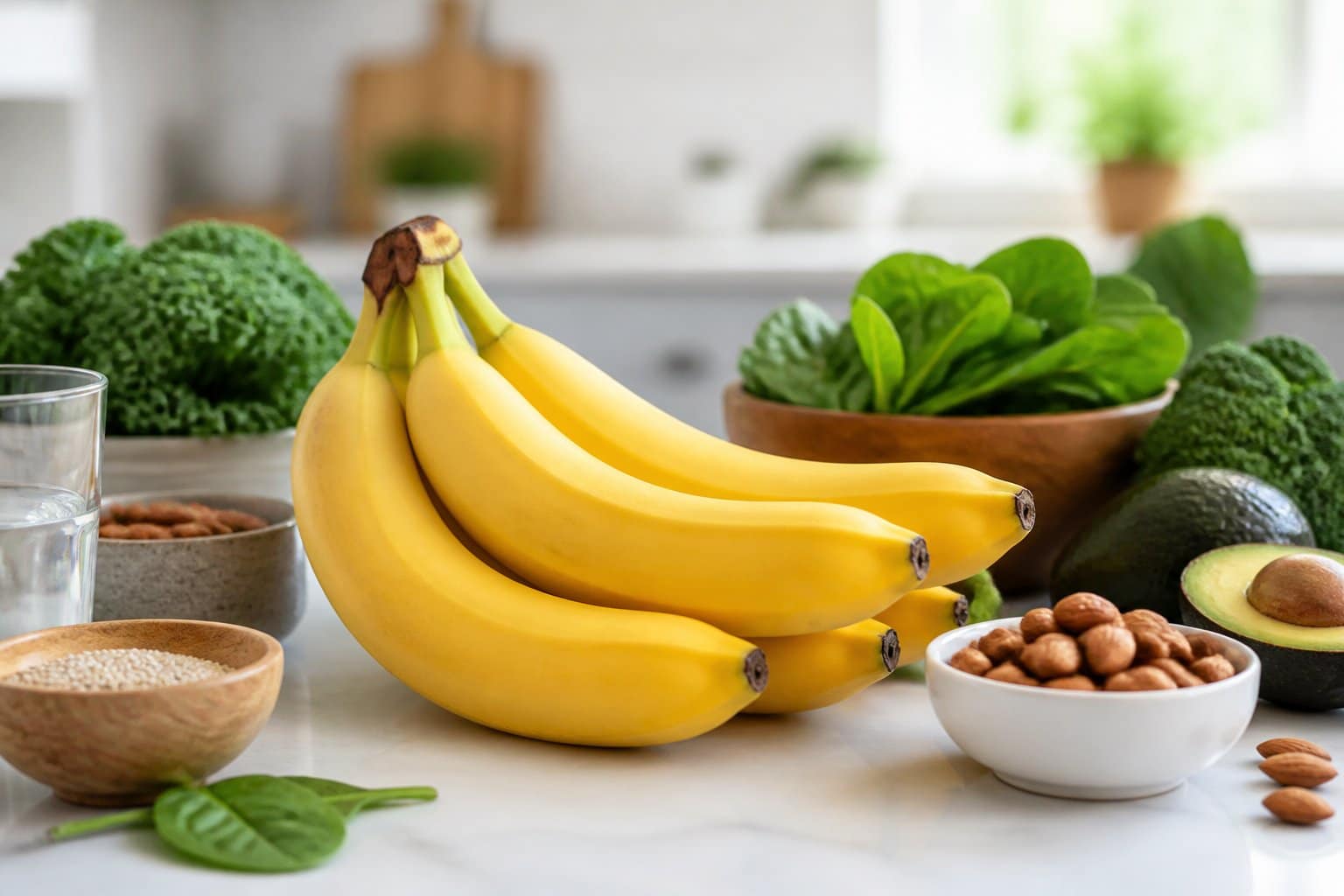 Bananas frescas em uma bancada de cozinha cercadas por alimentos saudáveis como verduras, abacates e nozes.