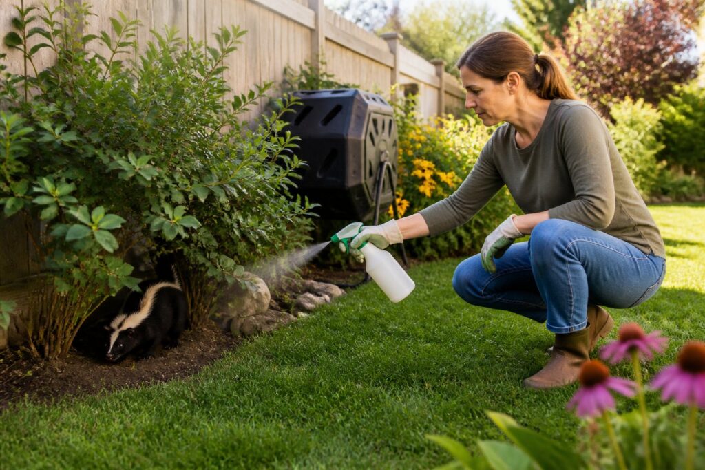 Pessoa aplicando repelente natural em um jardim para espantar um gambá escondido sob um arbusto.