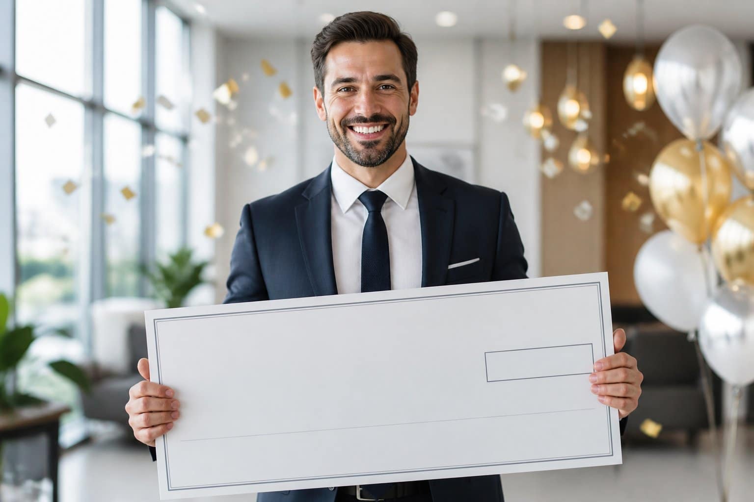 Homem bem vestido com terno segurando um cheque grande em um escritório moderno, com decoração sutil de celebração ao fundo.