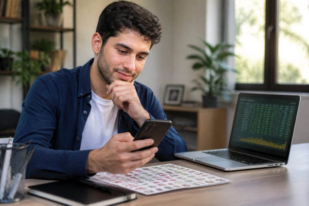 Pessoa sentada em uma mesa moderna olhando para um smartphone, com um bilhete de jogo do bicho e um laptop com números na mesa, em um ambiente de escritório em casa bem iluminado.