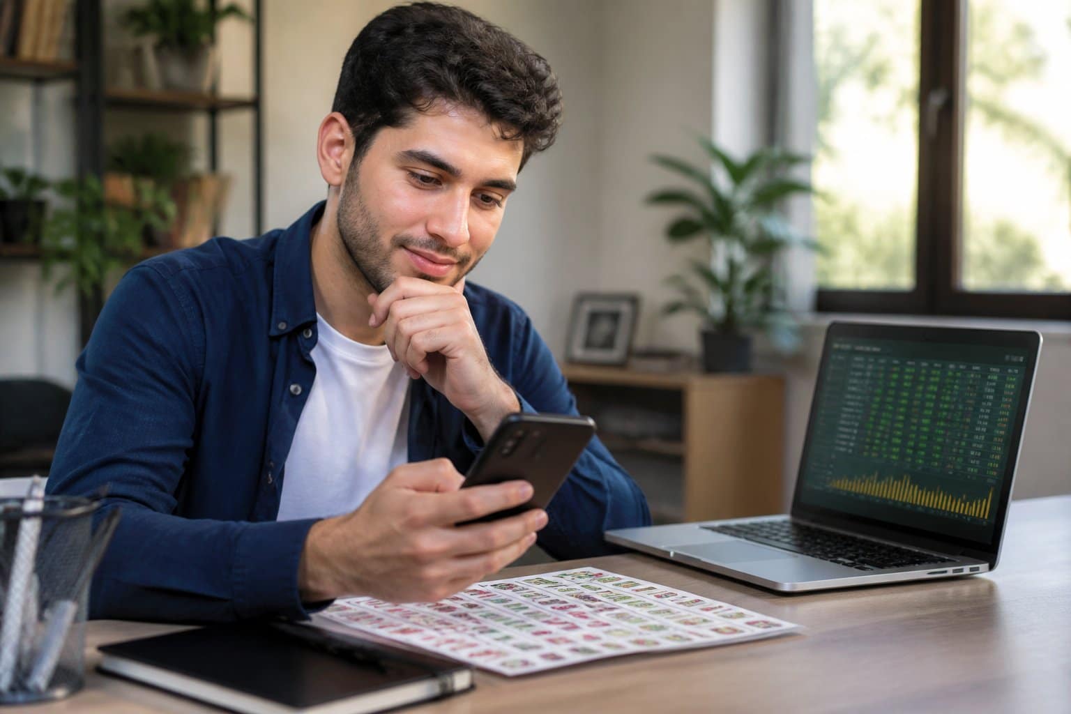 Pessoa sentada em uma mesa moderna olhando para um smartphone, com um bilhete de jogo do bicho e um laptop com números na mesa, em um ambiente de escritório em casa bem iluminado.