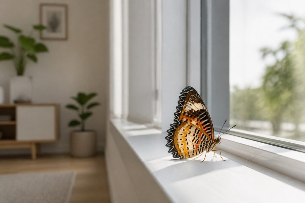 Borboleta pousada no parapeito de uma janela dentro de uma casa moderna e iluminada.