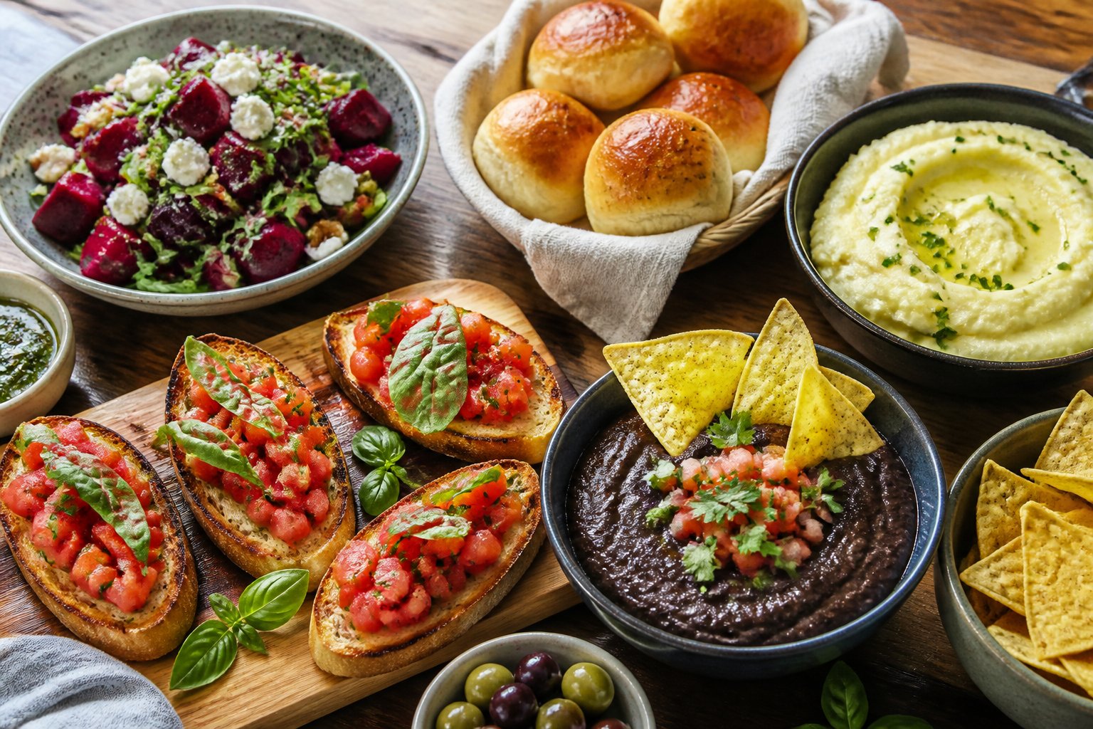 Mesa com várias entradas e acompanhamentos que começam com a letra B, incluindo bruschetta, pães assados, salada de beterraba, dip de feijão preto e purê de batatas, dispostos de forma atraente.