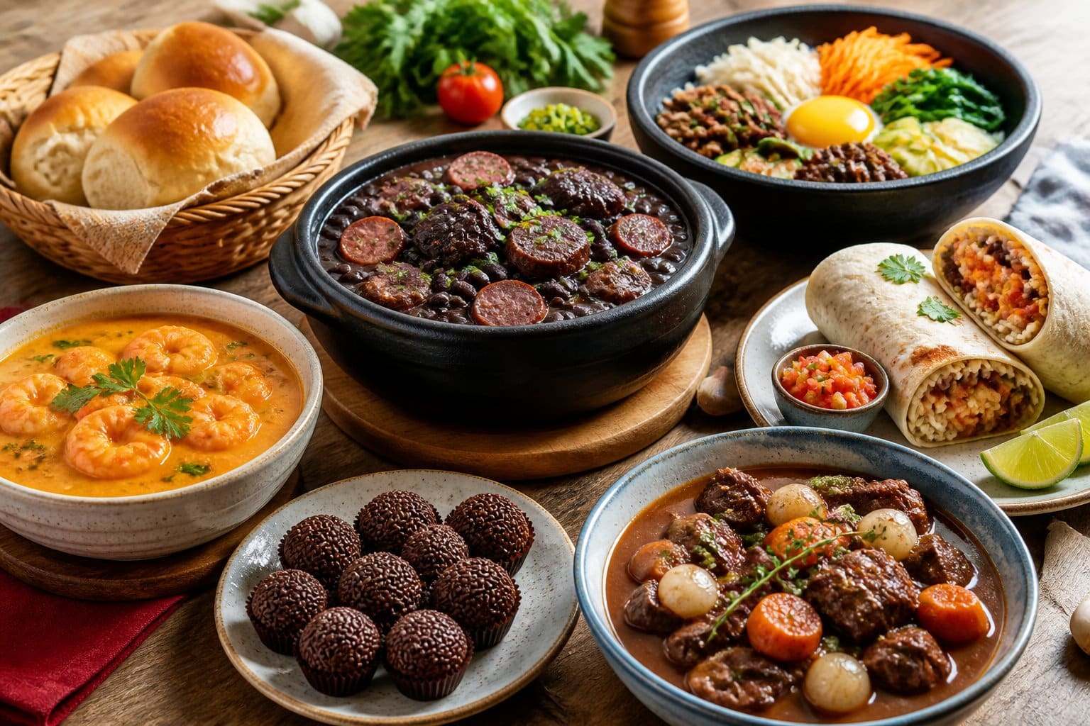 Mesa com pratos variados de comidas brasileiras e internacionais que começam com a letra B, incluindo feijoada, bobó de camarão, brigadeiros, pão, bibimbap, beef bourguignon e burritos.