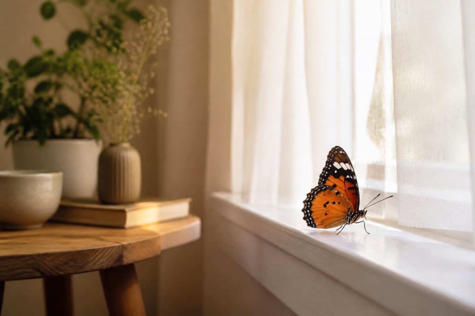 Uma borboleta colorida pousada no peitoril de uma janela dentro de uma casa iluminada pela luz natural.